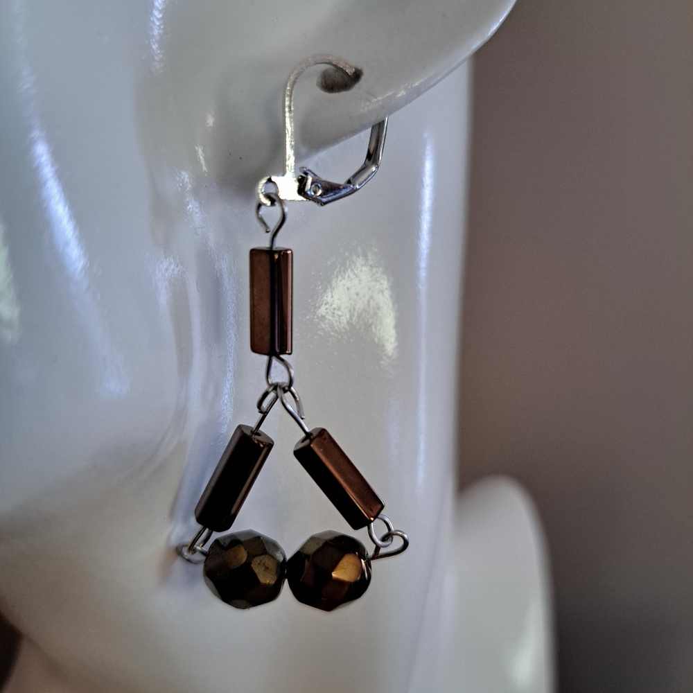 Modern Iridescent Copper Color Glass & Crystal Bead Earrings, Stainless Earwires